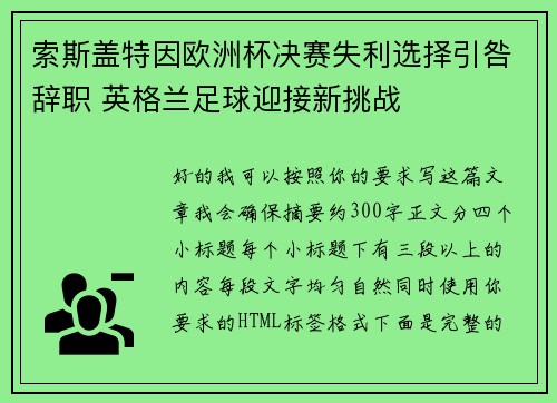 索斯盖特因欧洲杯决赛失利选择引咎辞职 英格兰足球迎接新挑战 索斯盖特因欧洲杯决赛失利选择引咎辞职 英格兰足球迎接新挑战