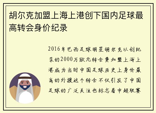 胡尔克加盟上海上港创下国内足球最高转会身价纪录
