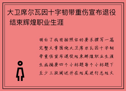 大卫席尔瓦因十字韧带重伤宣布退役 结束辉煌职业生涯
